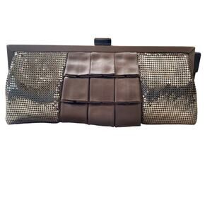 Whiting & Davis Pewter Mesh and Brown Satin Ruffles Clutch with Strap. EUC.